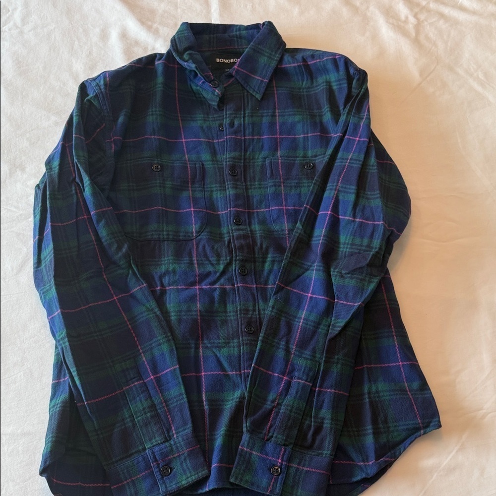 Bonobos Blue and Green Plaid Button-Down Shirt w Pink Stripe